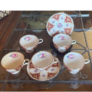Vintage Adderley Teacups (5) and Saucers (2) Gold/Maroon 1950s